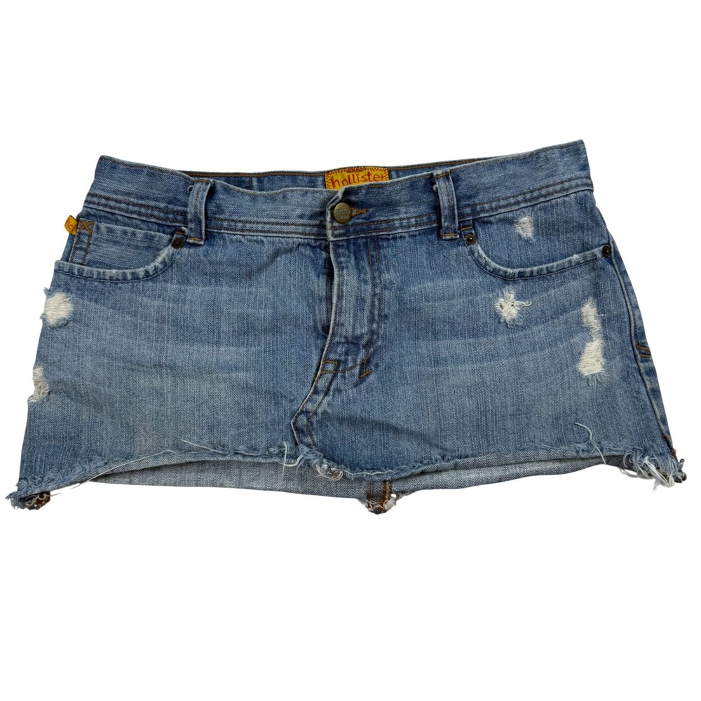 VTG Y2K Hollister Distressed Denim Mini Micro Skirt Ultra Low Rise Size 9 Logo
